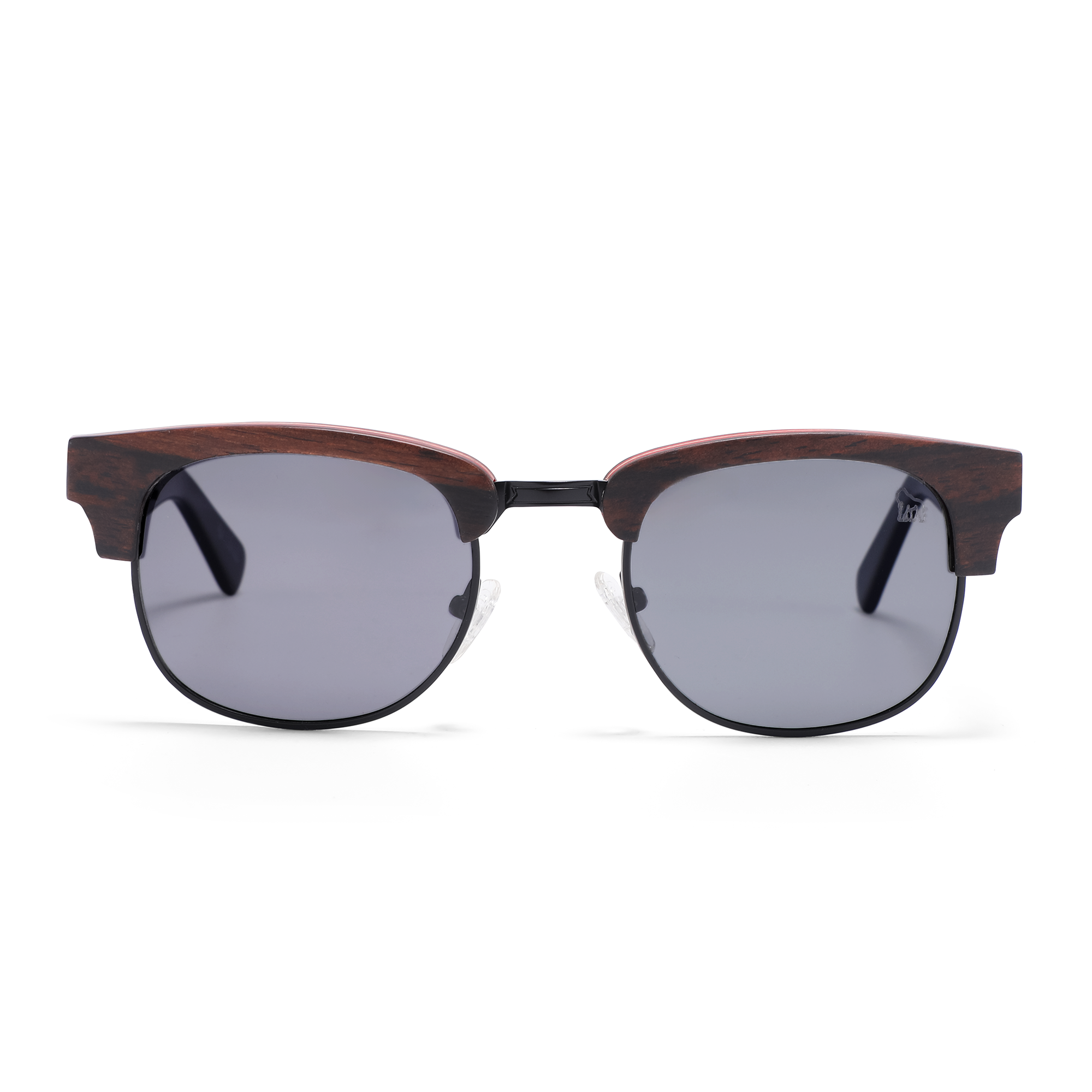 Handcrafted wooden sunglasses by ORILLAN. Square shape frames in dark brown color and dark grey polarized lenses/Front View - Eco-friendly eyewear collection with minimalistic Scandinavian design -  ORILLAN Sweden